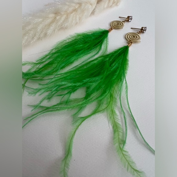 Long Dangle Green Feather Hippie Chic Earrings - Vibrant Whimsical Earrings - Picture 3 of 17